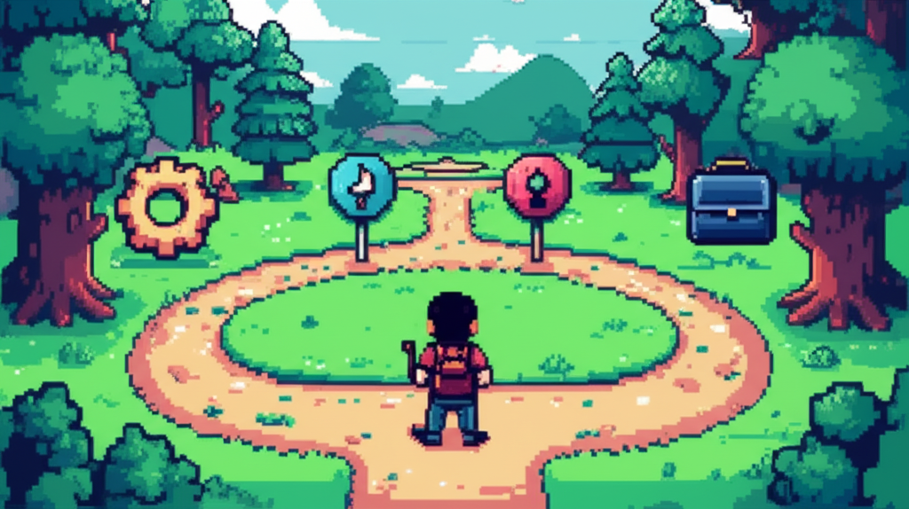 Mike's Career Quest - A pixel art RPG showing a character's journey from a small village to corporate success