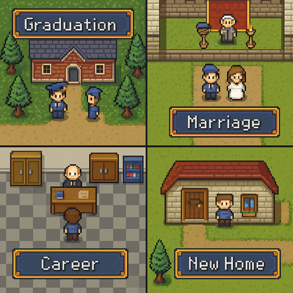 RPG Game Preview - Life milestones as game scenes: Graduation, Marriage, Career, and New Home